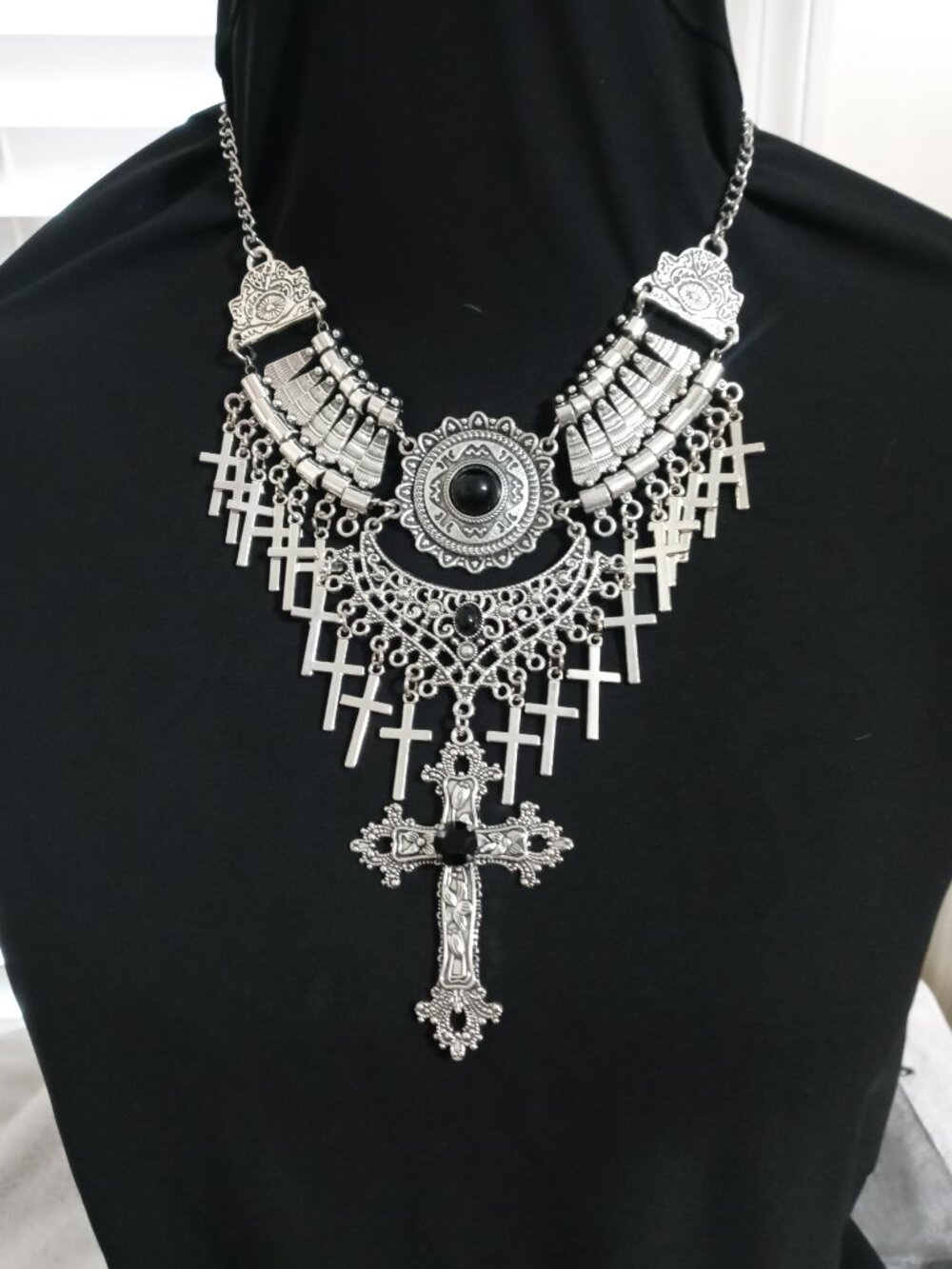Gothic Cross & Black Gem Statement Necklace